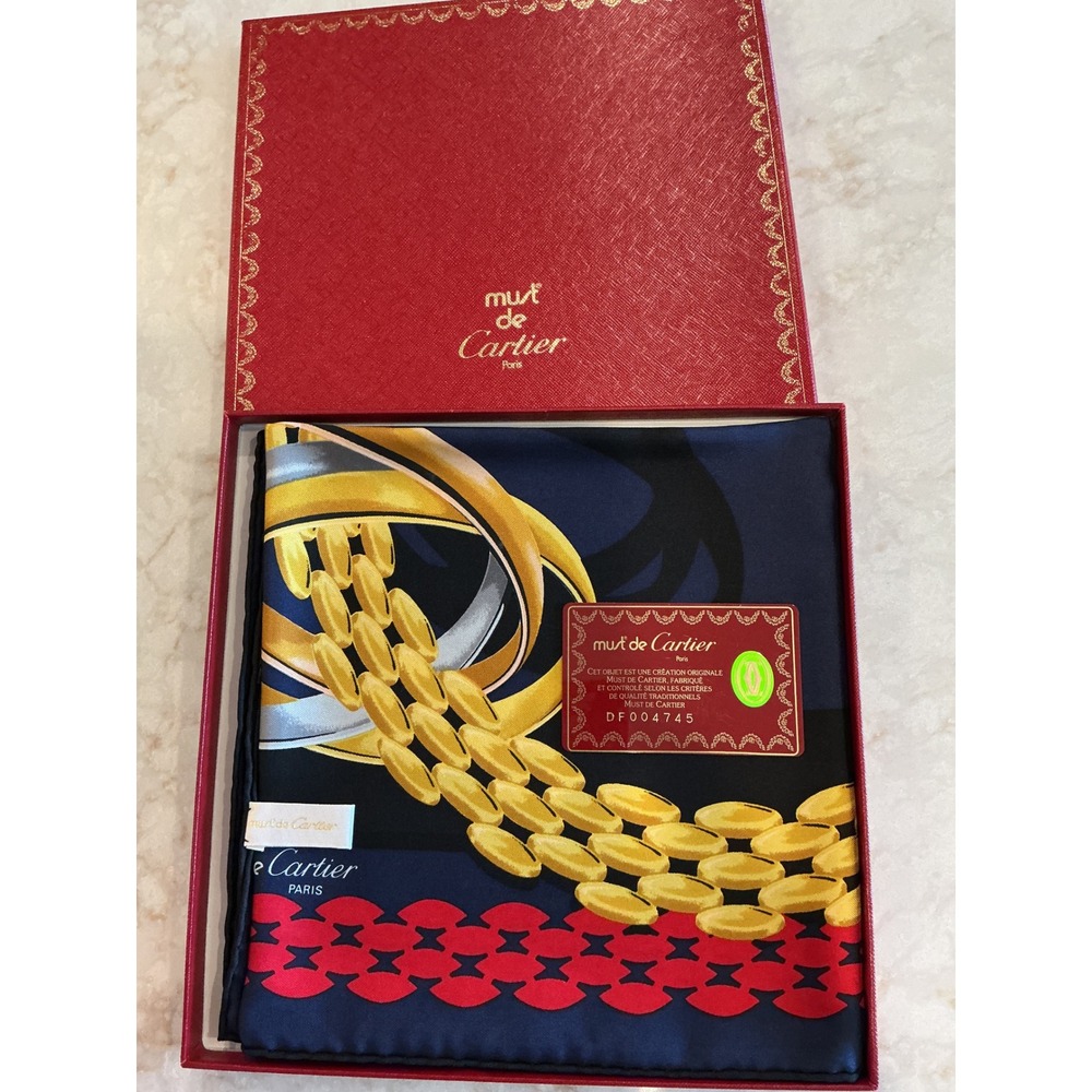 Must de Cartier Paris Silk Scarf Chain Ring Motif Blue‎ Red Gold